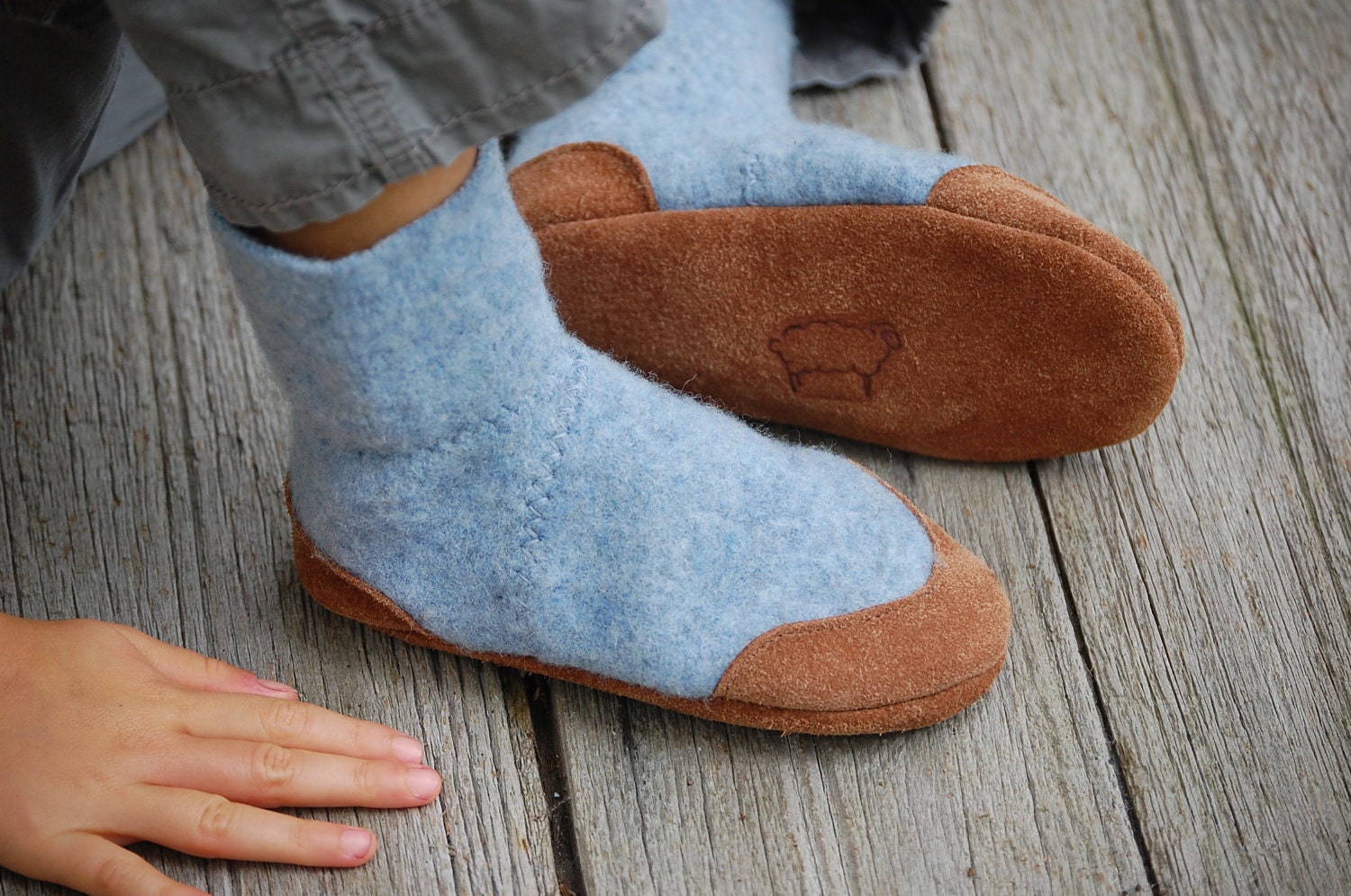 Kids Wool Slippers, Children Shoes, Eco Friendly, size 7.5, Come Blow Your Horn