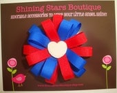Ribbon Hair Bows - Hair Bow Clips - Mini Patriotic Red, White, And Royal Blue 'White Stitched Heart' Flower Loop Boutique Hairbow