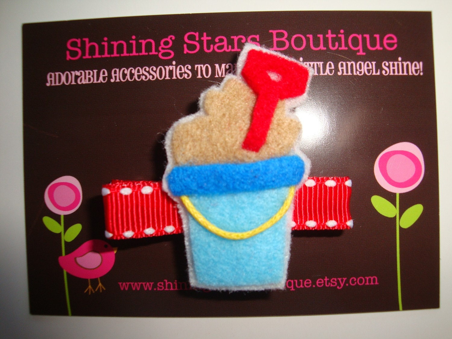 Hair Accessories - Felt Hair Clips - Red And Ocean Blue Summer Beach Sand Pail And Shovel Boutique Felt Hair Clippie For Girls
