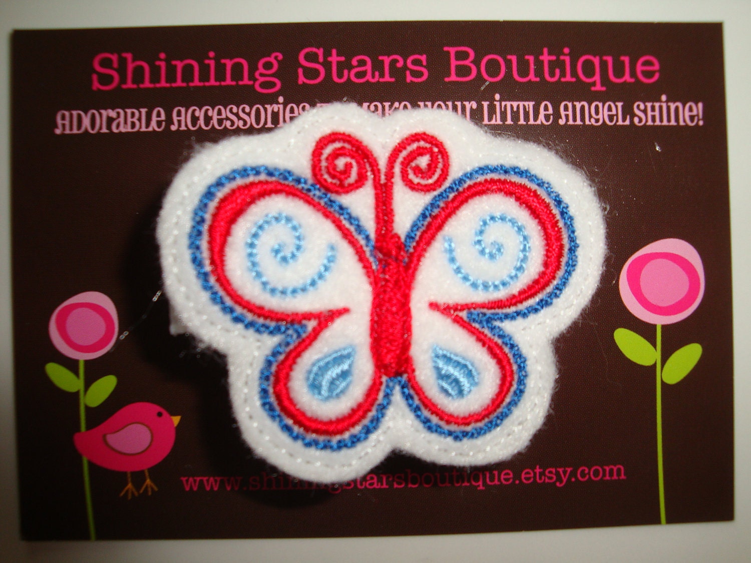Felt Hair Clips - Girls Hair Accessories - Red, White, And Blue Embroidered Boutique Felt Patriotic Butterfly Hair Clippie