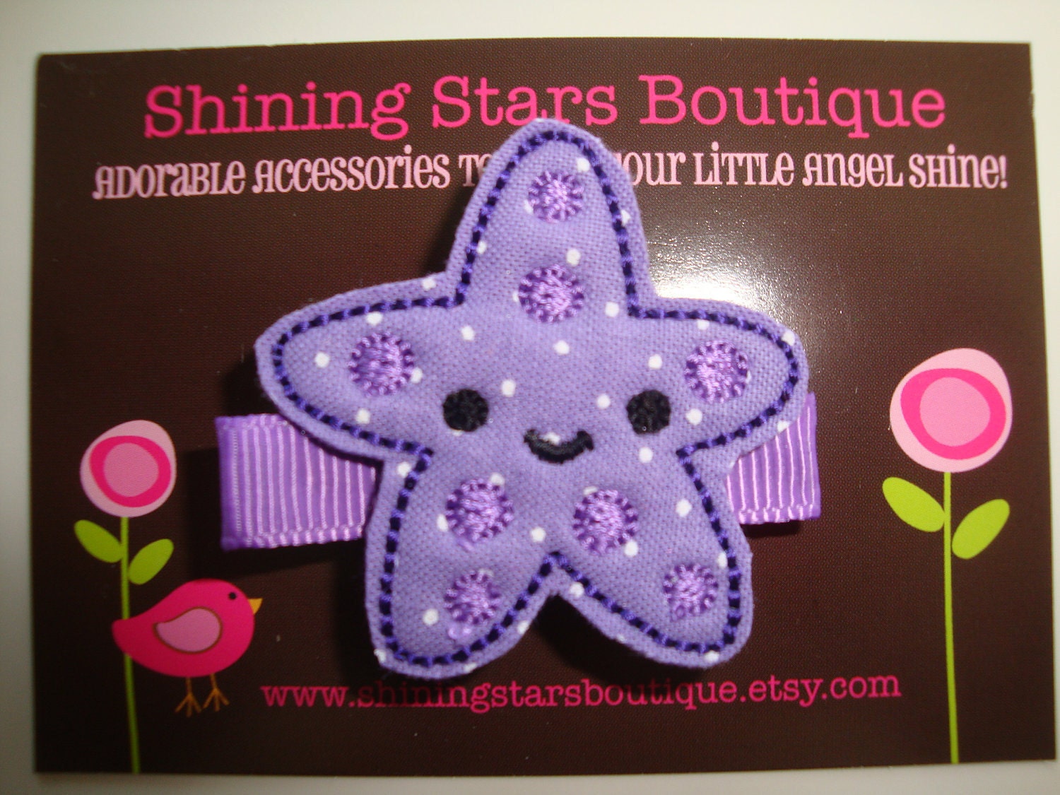 Hair Accessories - Felt Hair Clip - Dark Lavender/Purple Summer Starfish Boutique Embroidered Hair Clippie - Under The Sea Or Ocean