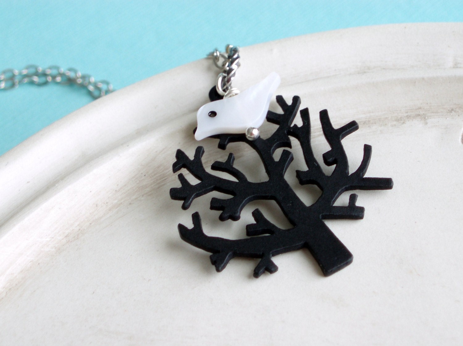 Willow Tree Necklace - Black Fall Tree with White Bird Silver - Perched