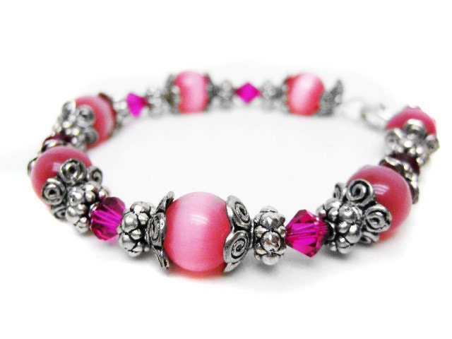 Fuchsia Pink and Silver Crystal Beaded Bangle Bracelet