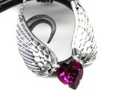 Angel Wing Necklace. Dark Pink Heart Necklace. Crystal Heart Silver Necklace