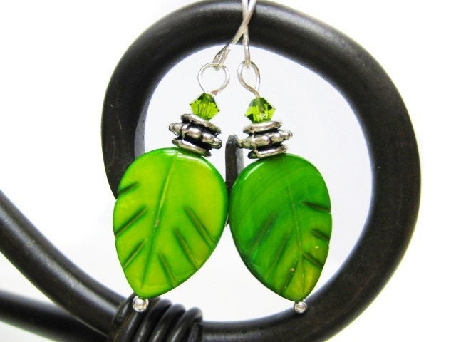 Green Leaf Beaded Dangle Earrings. Swarovski Crystal Lime Green Silver Wire Wrapped Earrings