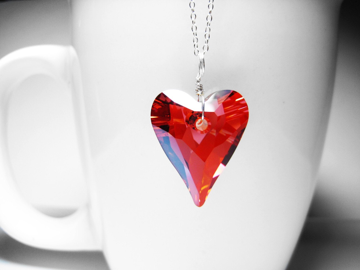 Red Heart Swarovski Crystal Necklace. Silver Plated Wire Wrapped Heart Pendant Chain Necklace
