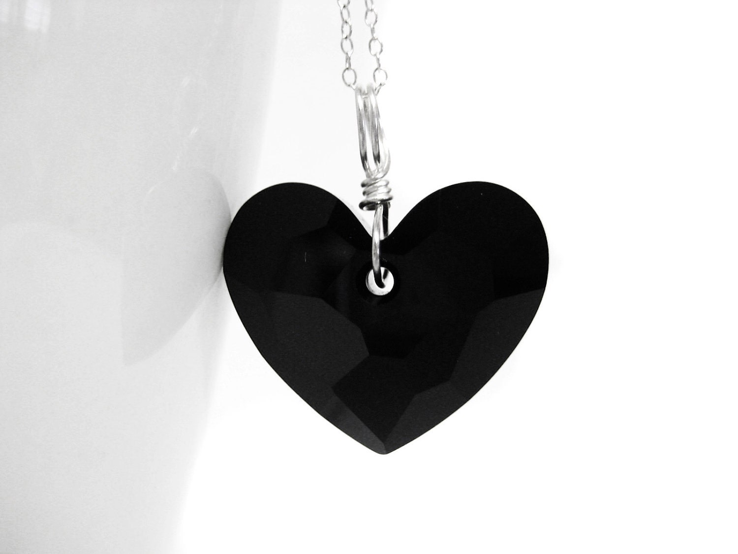 Black Heart Swarovski Crystal Necklace. Silver Plated Wire Wrapped Pendant Chain Necklace