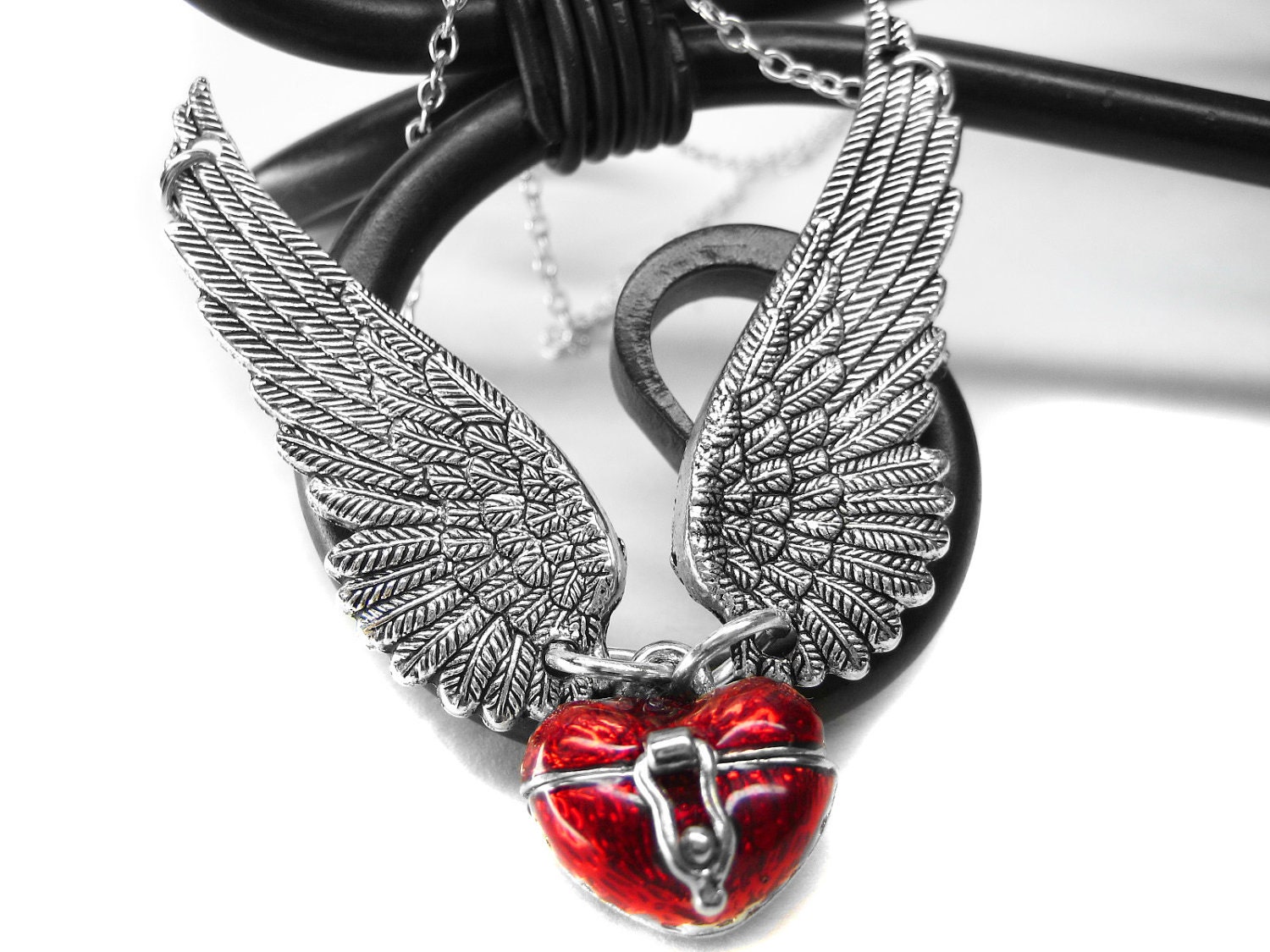 Angel Wing Necklace. Red Heart Shaped Box Necklace. Prayer Box Locket Necklace