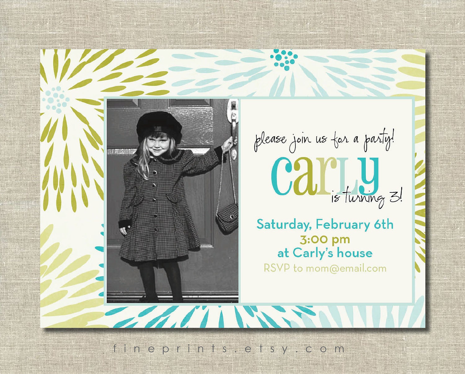 mod floral printable photo invitation (turquoise, aqua, yellow green palette)