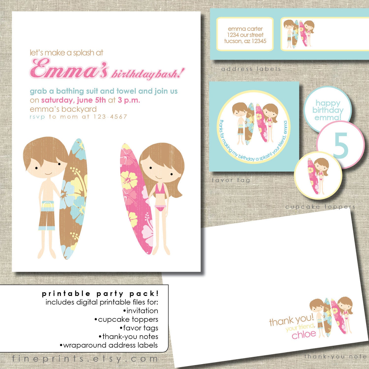 surf swim party printable party package (including invitation)