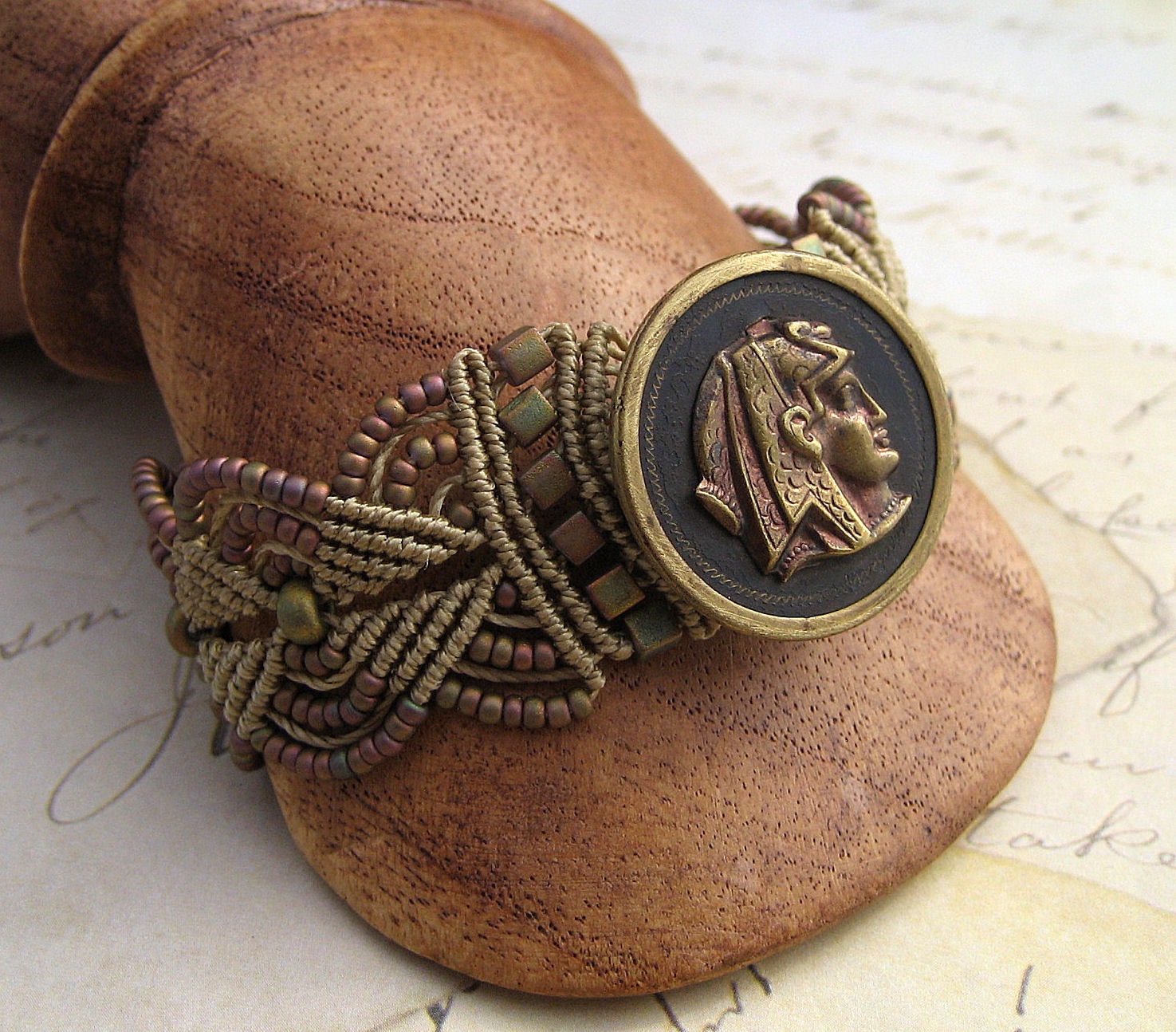 Egyptian Theme Macrame Bracelet with Vintage Button