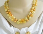 Vintage 2 Strand Orange and Yellow Crackle Lucite Beaded Necklace and Earring Demi Parure Set