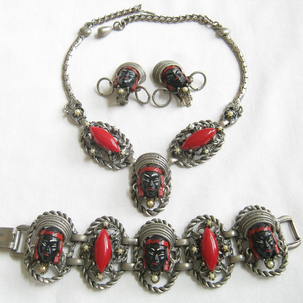 RESERVED for Sherri Vintage SELRO Asian Blackamoor Necklace, Bracelet and Earrings Parure Set