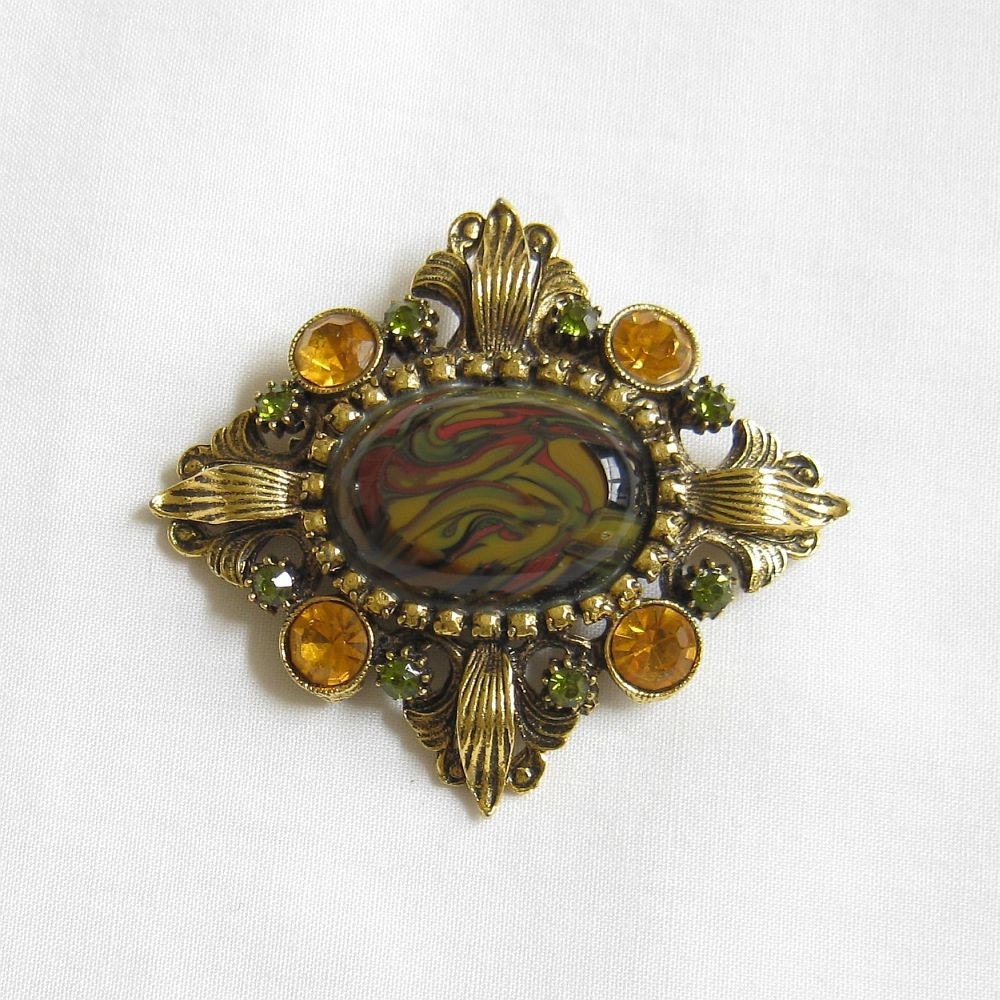 Vintage Topaz and Green Rhinestone and Swirl Art Glass Brooch or Pin