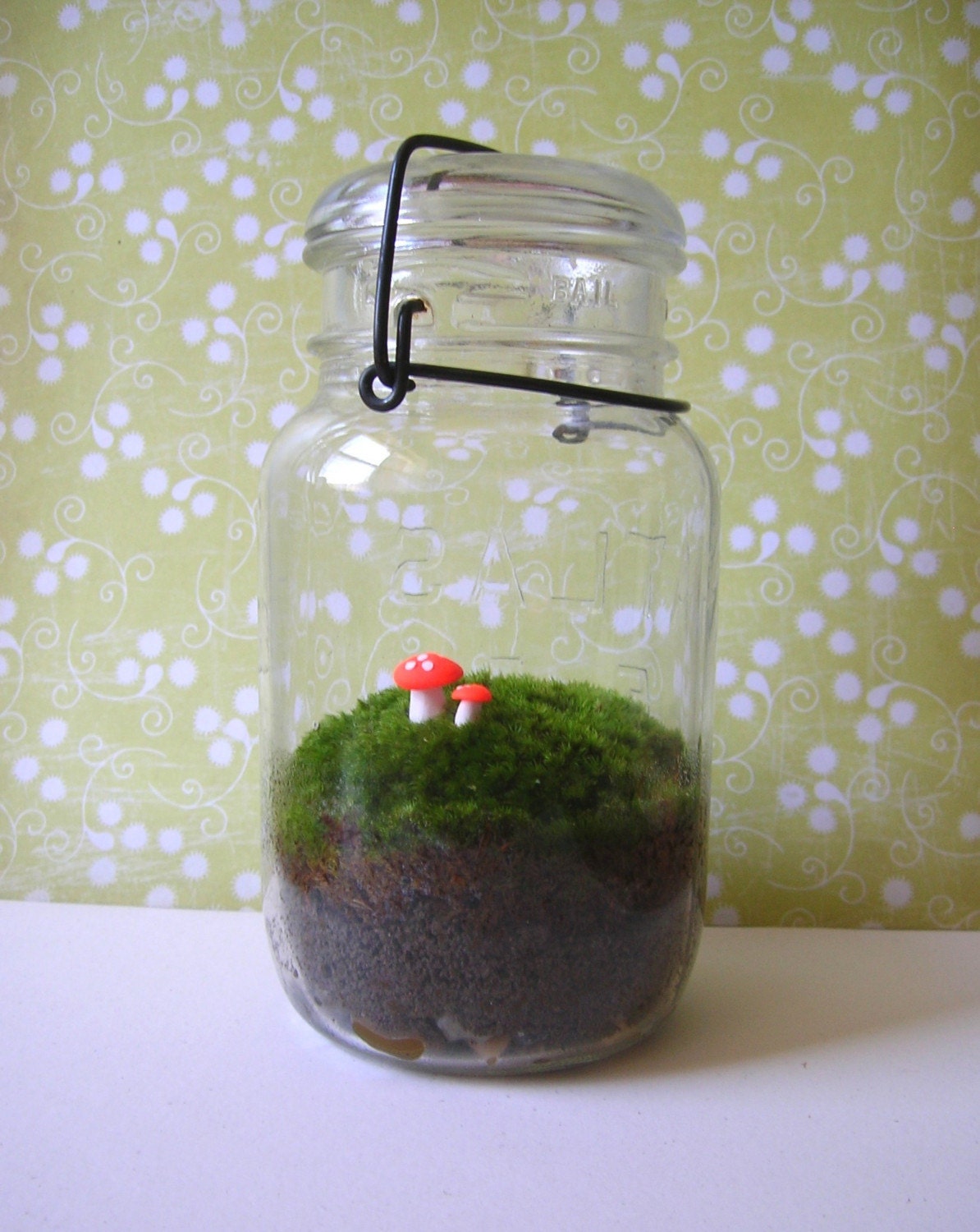Large Vintage Atlas Jar Moss Terrarium with Orange Mushrooms