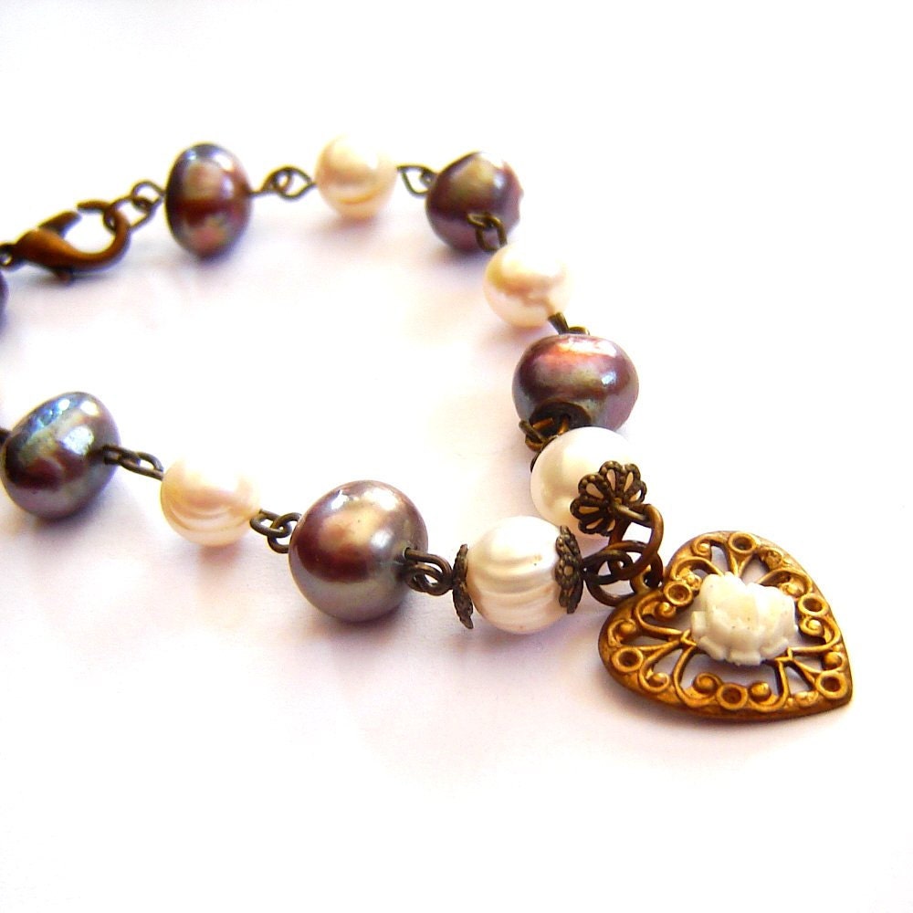 Filigree and Pearl  Heart Cabochon Brass Bracelet