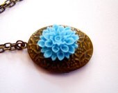Brass Locket Flower Cabochon Resin Blue Vintage Inspired Necklace