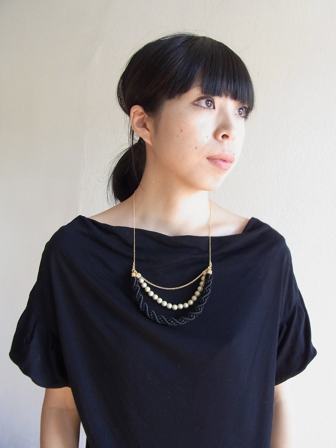 Crescent Moon Rope Necklace - Black