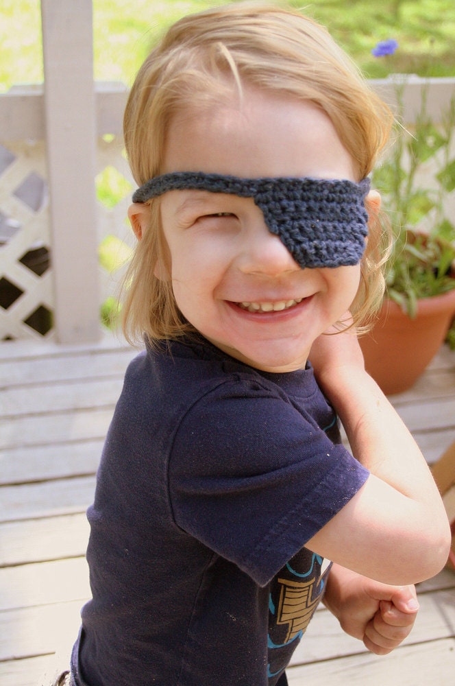 blue denim crocheted pirate eye patch for kids by yourmomdesigns(rts)