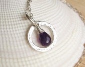 Dark Amethyst Hammered Ring Sterling Silver Pendant Necklace- NSA
