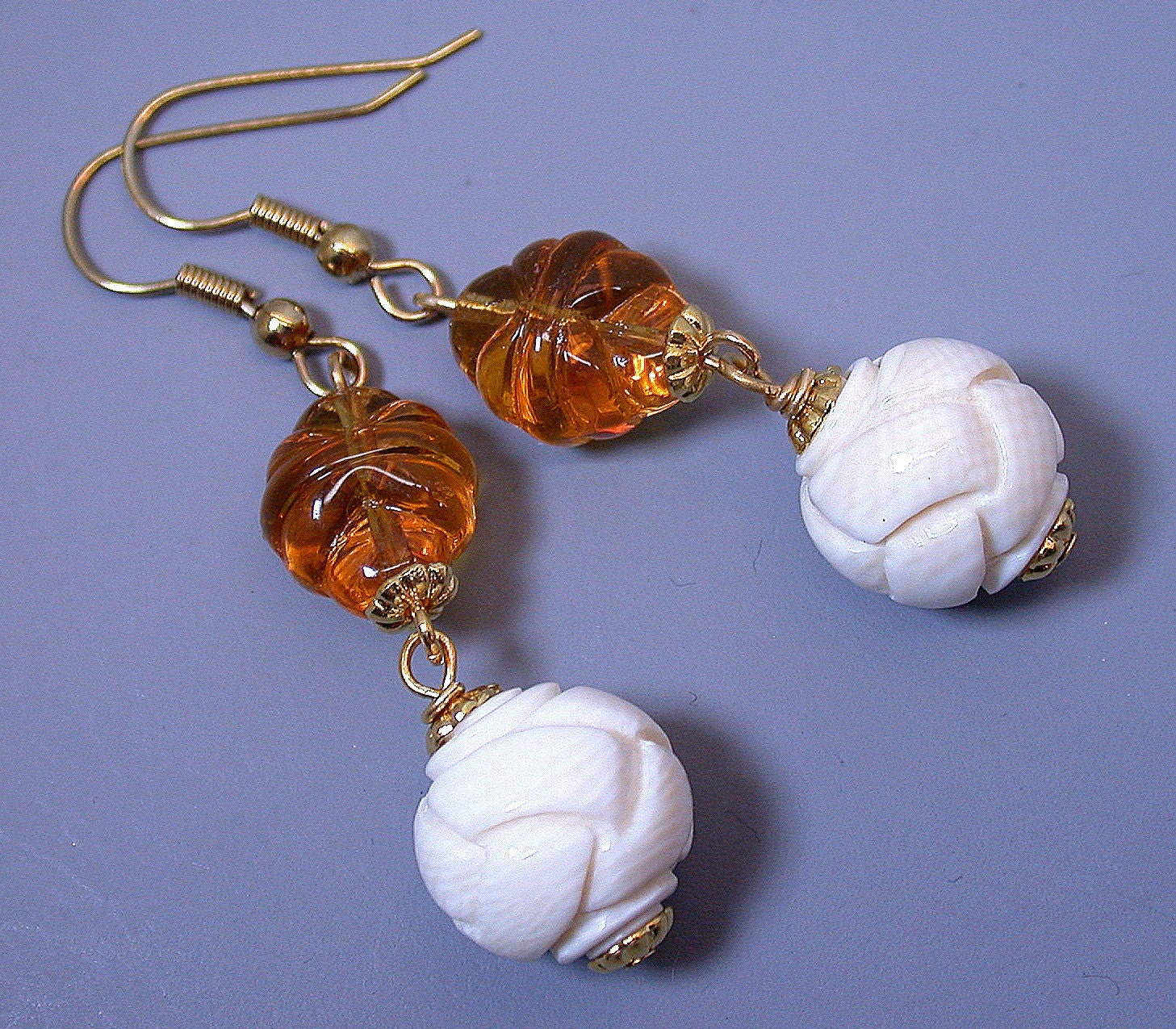 Vintage Chinese Pre Ban Ivory Carved Knot Bead Earrings, German Citrine Glass,Gold