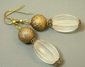 Vintage Japanese White Oval Ribbed Lucite Bead Earrings ,Ornate Gold Bead