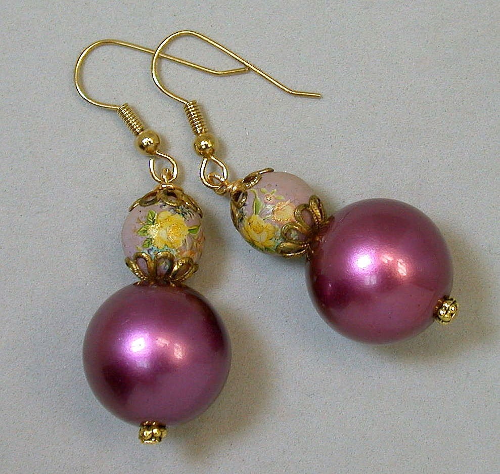Vintage Japanese Pink Yellow Rose Tensha Bead Earrings, German Plum Purple Lucite Pearl