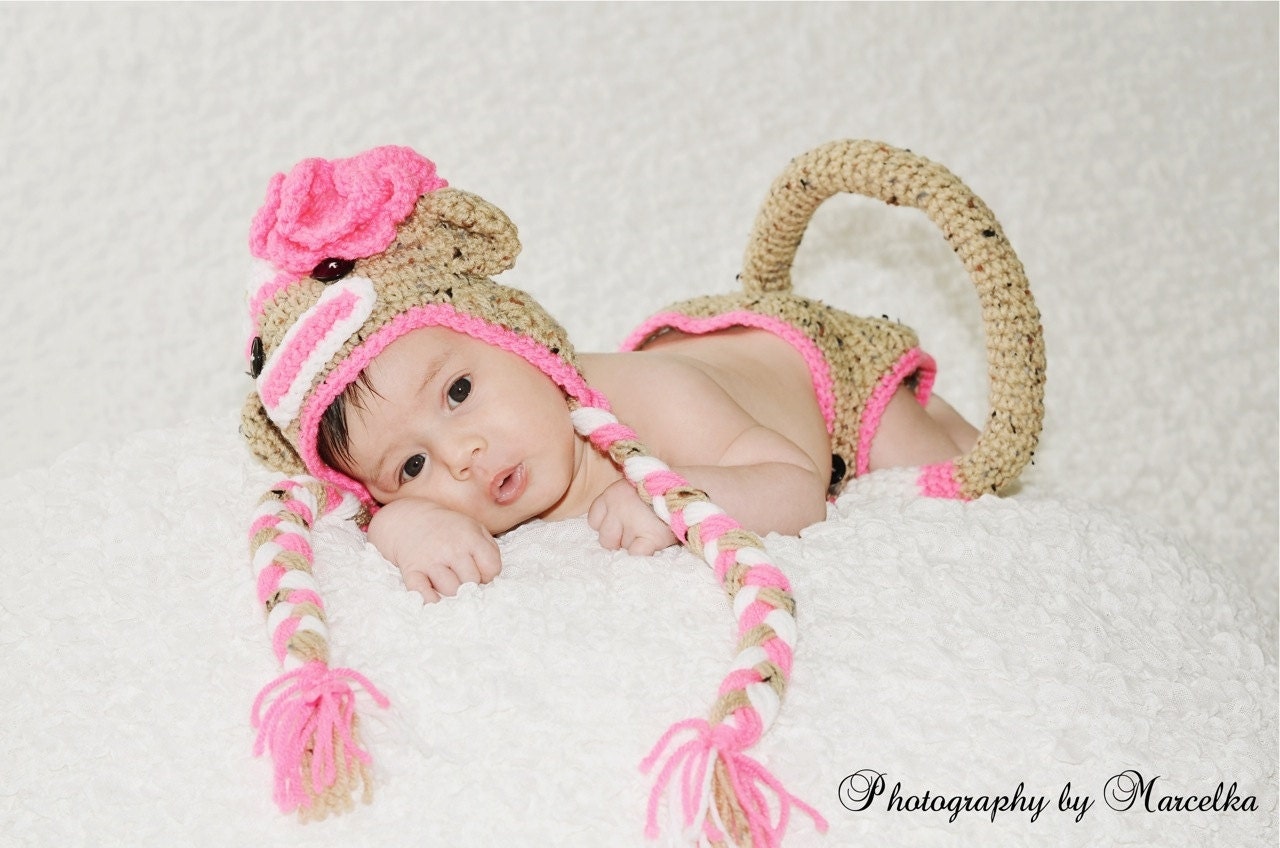 PINK Sock Monkey Hat & Diaper Cover SET Size Newborn 3m 6m Baby Photo Prop Crochet Girls Clothes BEAUTIFUL