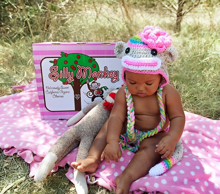Baby Girls Rainbow Sock Monkey HAT Newborn 3m 6m Crochet  Photo Prop Custom Made Girl Clothes Valentines Day