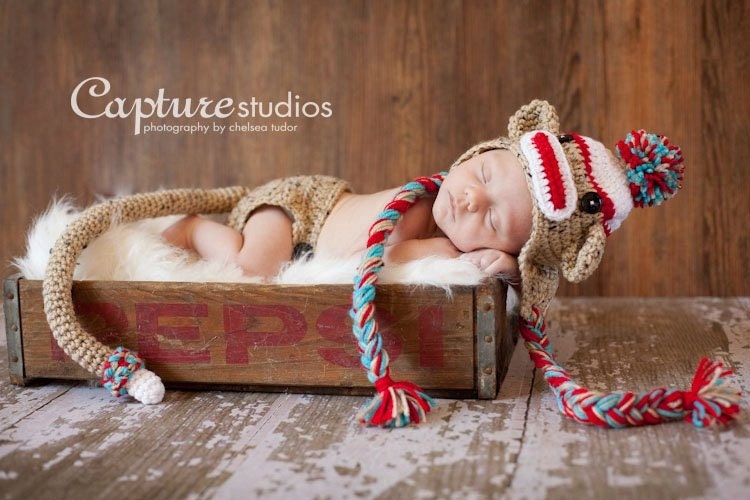 Sock Monkey Hat & Diaper Cover SET Size Newborn 0  3m 6m Crochet Photo Prop Custom made boy girl clothes
