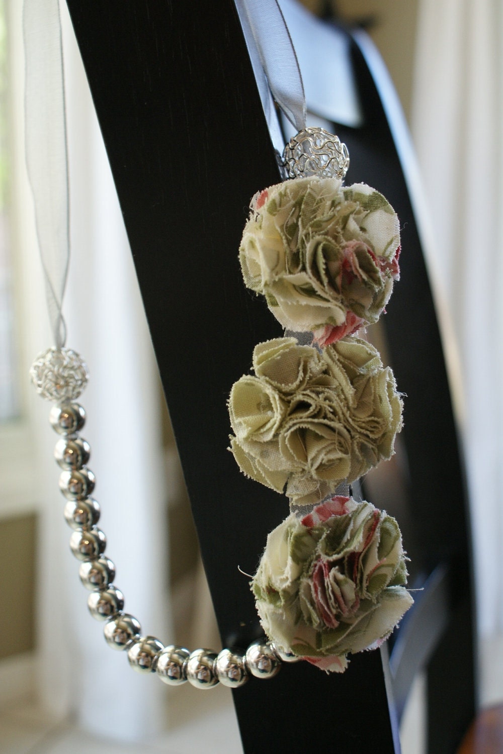 The "Chloe" Rosette Necklace - Cream, Pink and Green Rosettes with silver beads