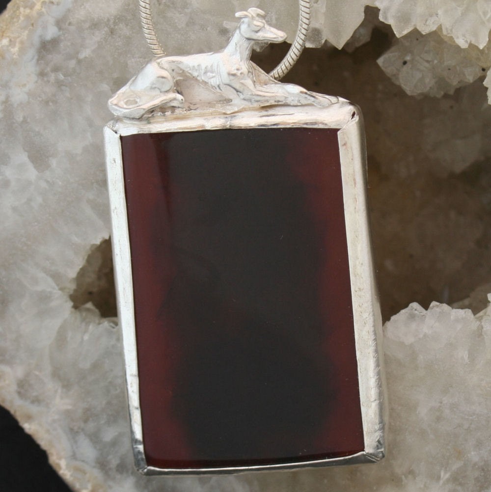 Carnelian stone and sterling silver greyhound pendant