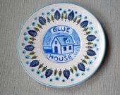 blue house hand painted plate