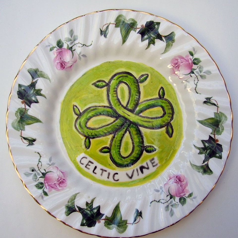 celtic vine hand painted reworked china plate