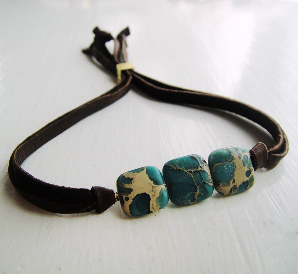 Leather Nugget Bracelet in Turquoise Ocean Jasper -- Geologic Record Series