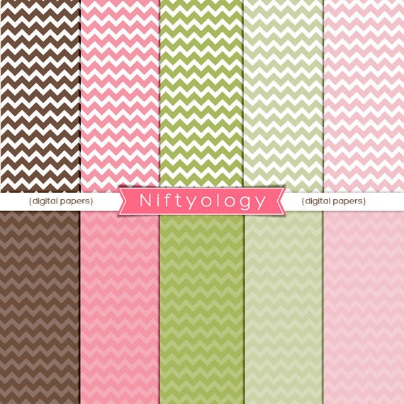 INSTANT DOWNLOAD - Digital Paper Pack - Brown, Pink, Green Chevron - Personal & Commercial Use