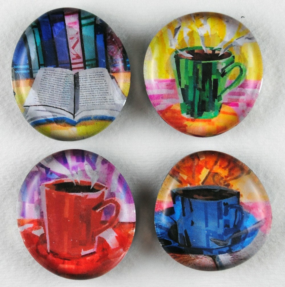 Coffee Cup and Book Bubble Magnets, Set of 4