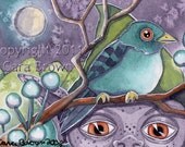 Purple goblin and bird painting in watercolor Print Matted for 5 x 7 fantasy art