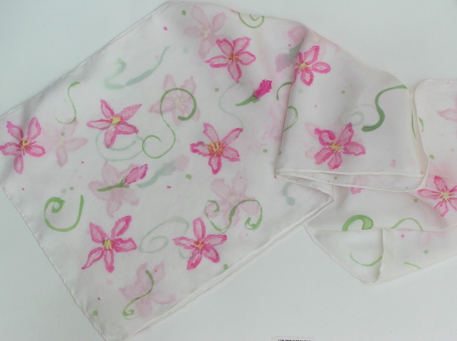 SILK SCARF flowers, hand dyed, Spring Blossoms, pink, green
