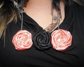 SALE, Bib flower rosette necklace, fabric flower necklace, all occasion, wedding, bridal, prom, special event peach and black