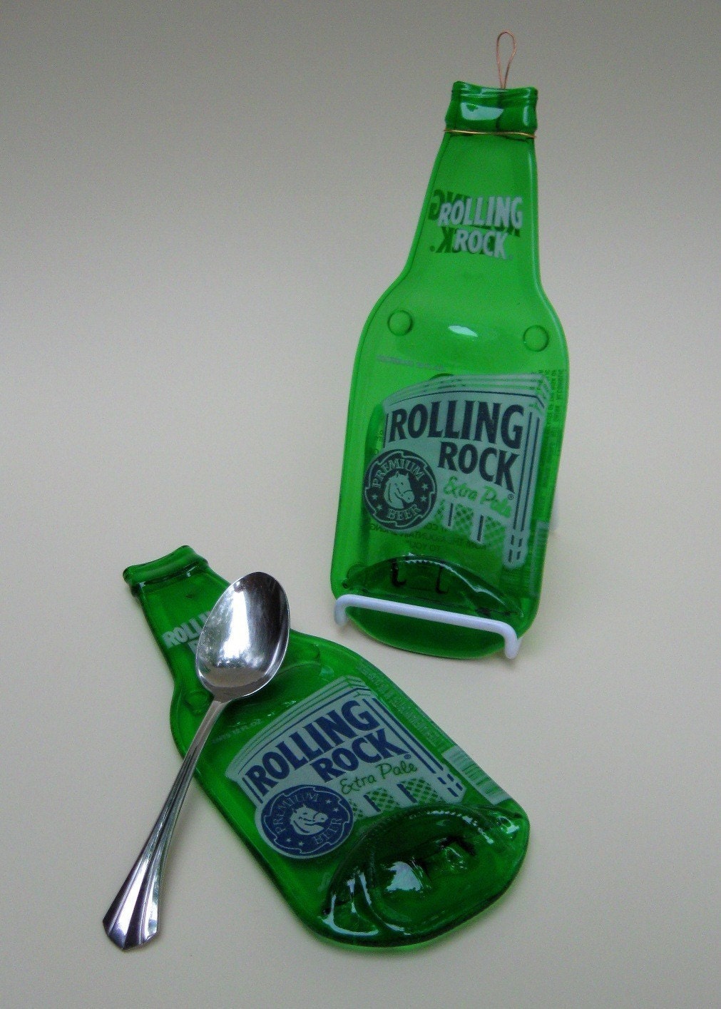 Flattened Beer Bottle Rolling Rock by Mitchell Glassworks, Pittsburgh, Pennsylvania