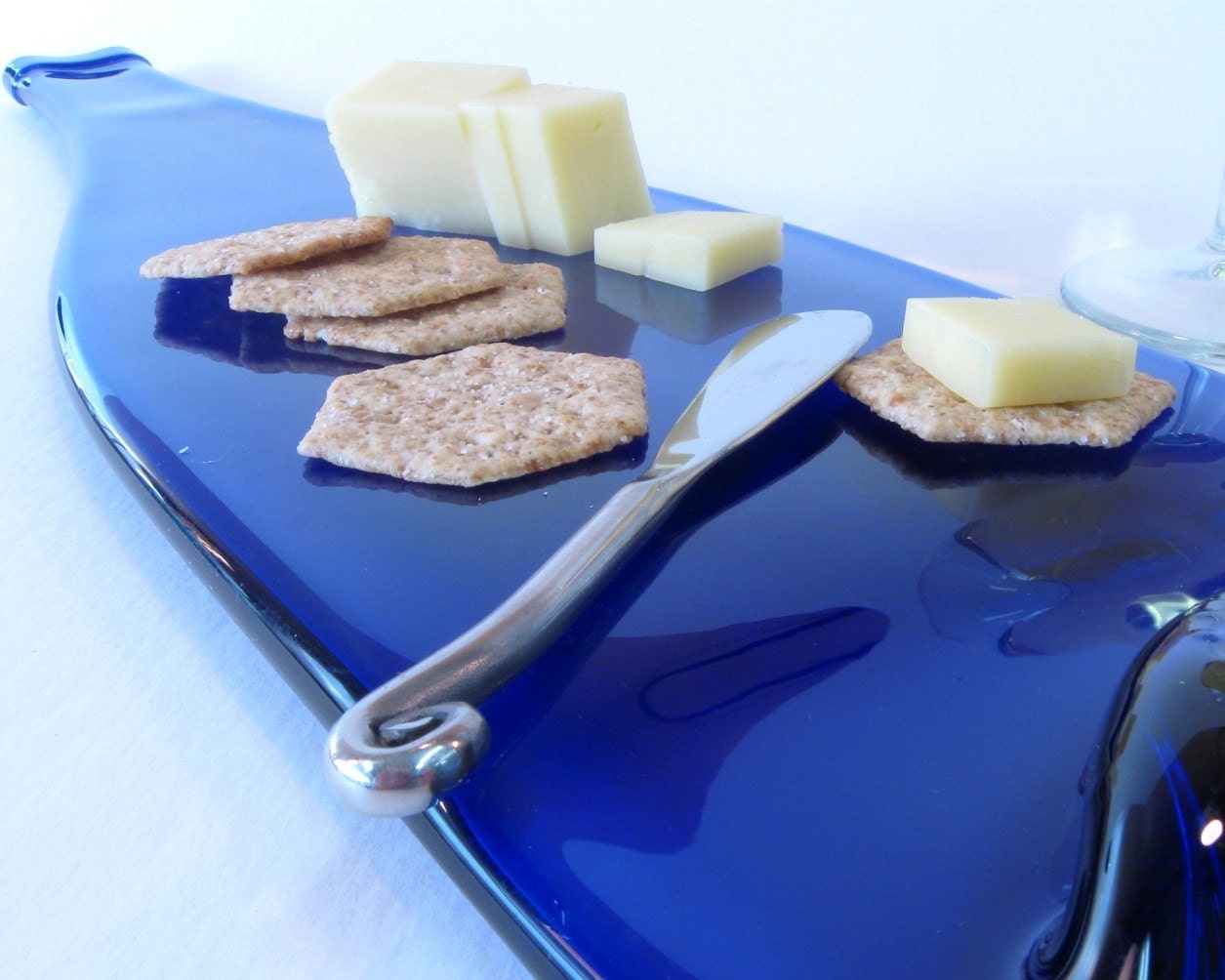 Really Tall and Fantastic Cobalt Blue Melted Bottle Cheese Tray - Upcycled Glass