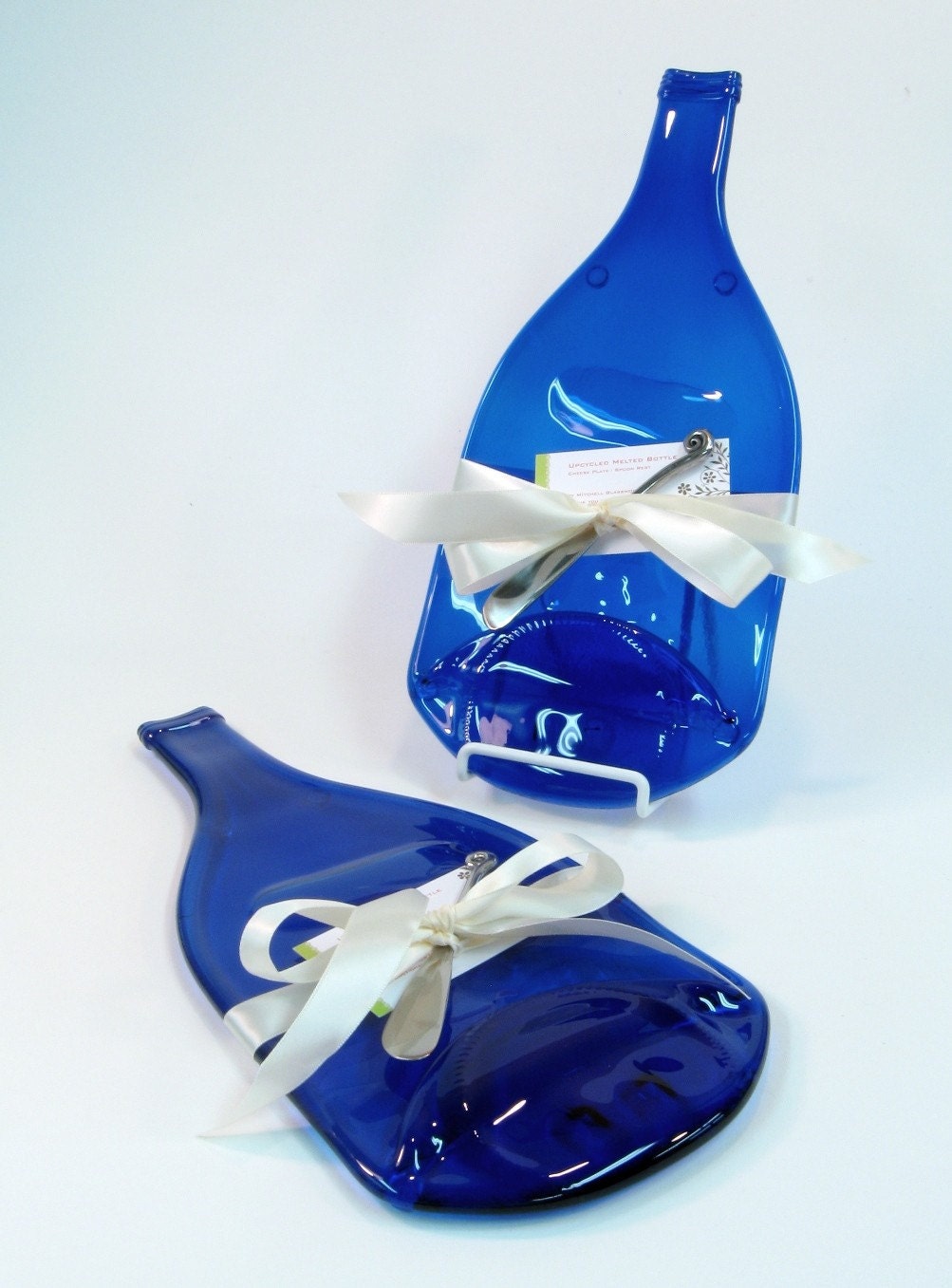 Cobalt Blue Melted Bottle Cheese Platter Large Size - Upcyled / Recycled Glass by Mitchell Glassworks
