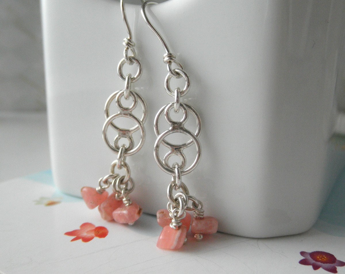 Sterling Silver Earrings Rodhocrosite Pink Pebbles. -Infinite-