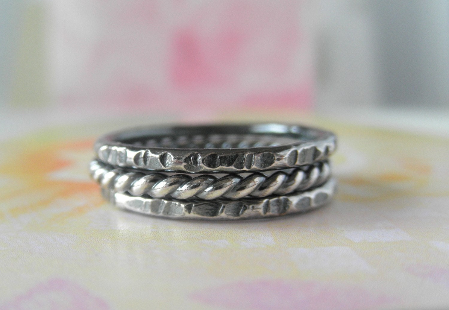Sterling Silver Ring Set of Three. Hammered & Twisted Stacking. Tres. Aroluna