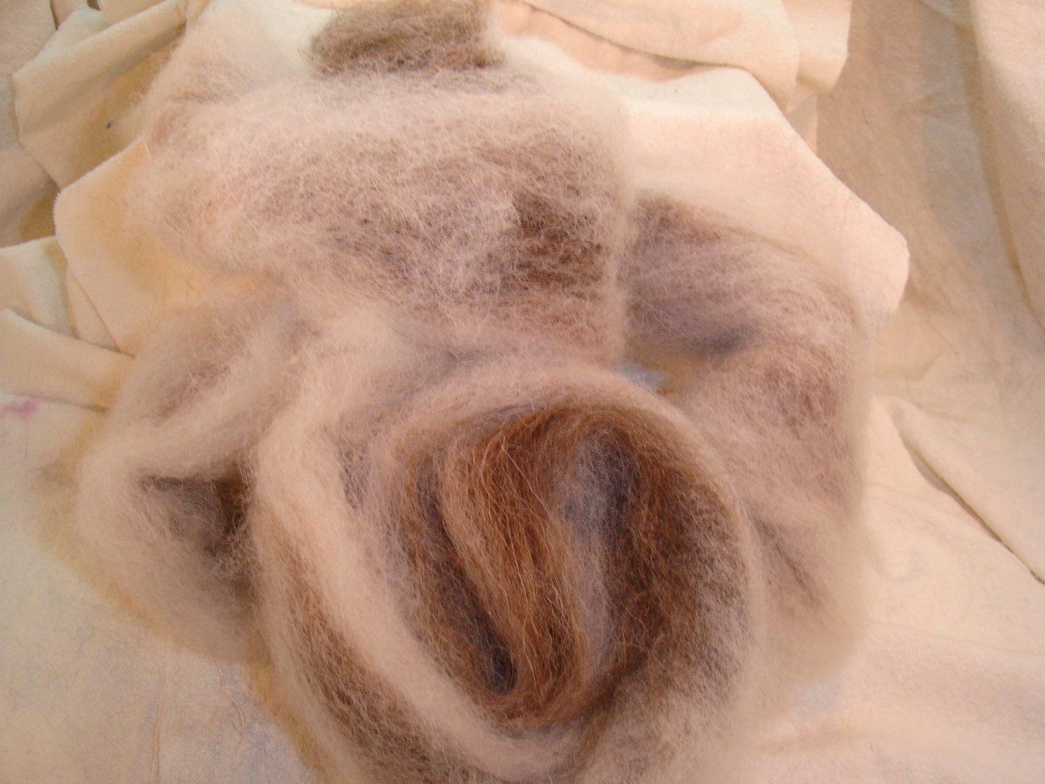 Roving, Spinning Fiber, Home grown,  Rocky Road, this is a farm fresh blend of three Natural colors of  Alpaca, wool, Llama , 4 oz bag