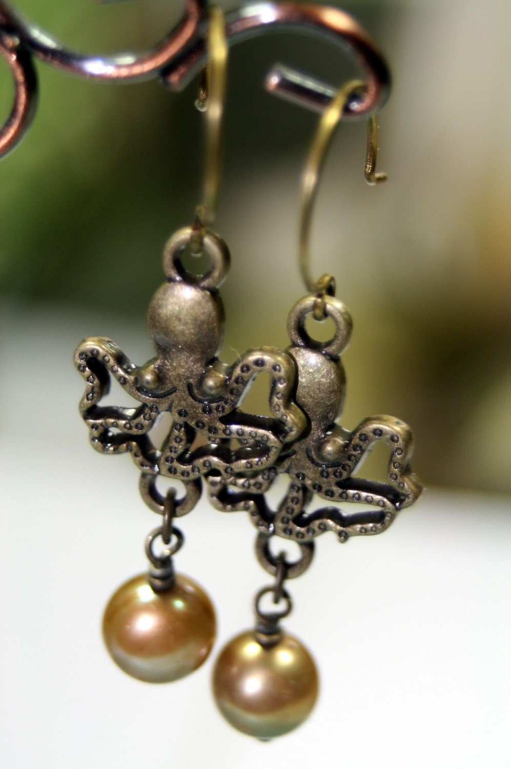 Octopoda Brass Octopus Earrings with Sage Freshwater Pearls