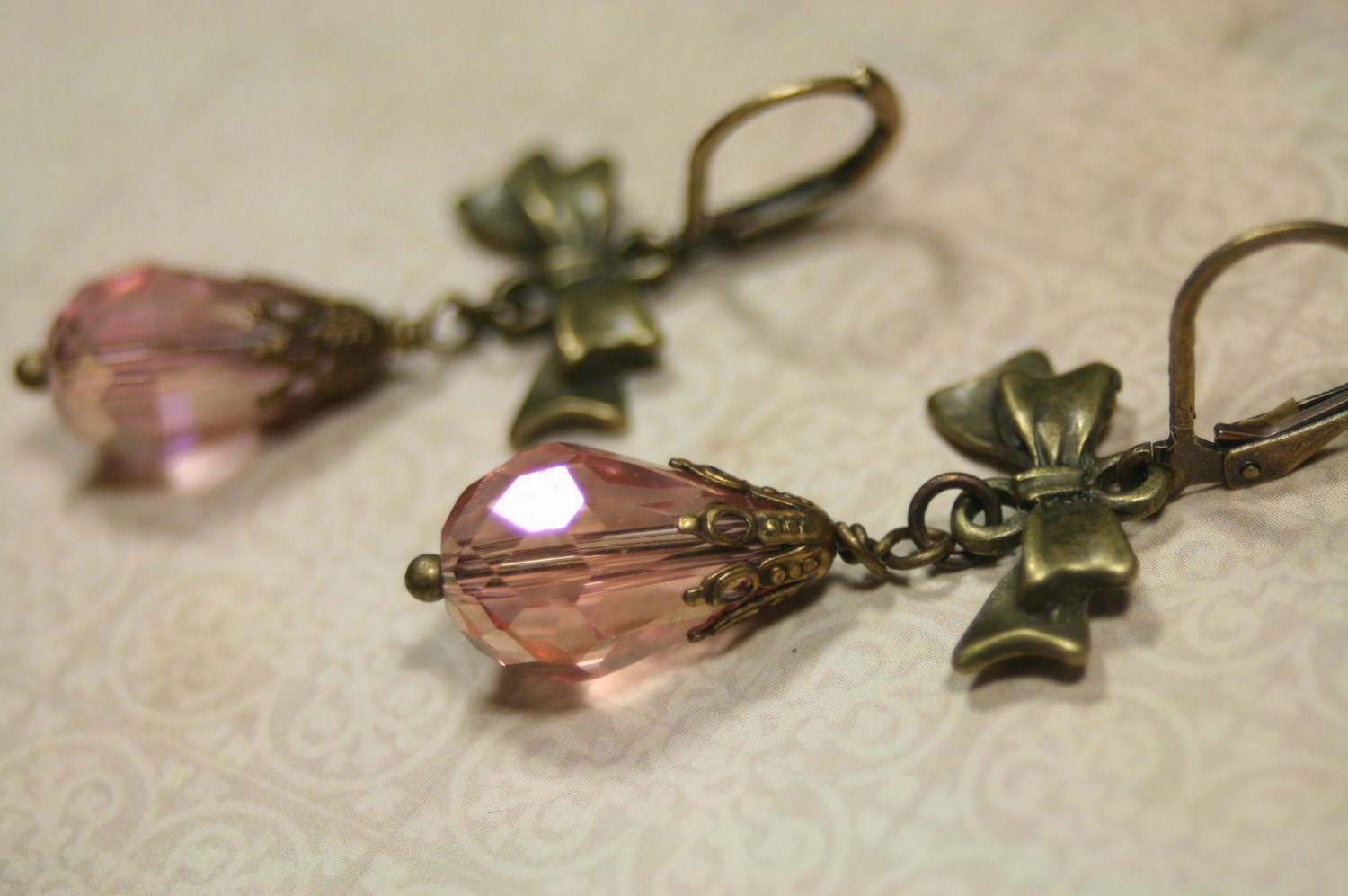 Crystal Bow Ties Dangle Earrings Antique Brass