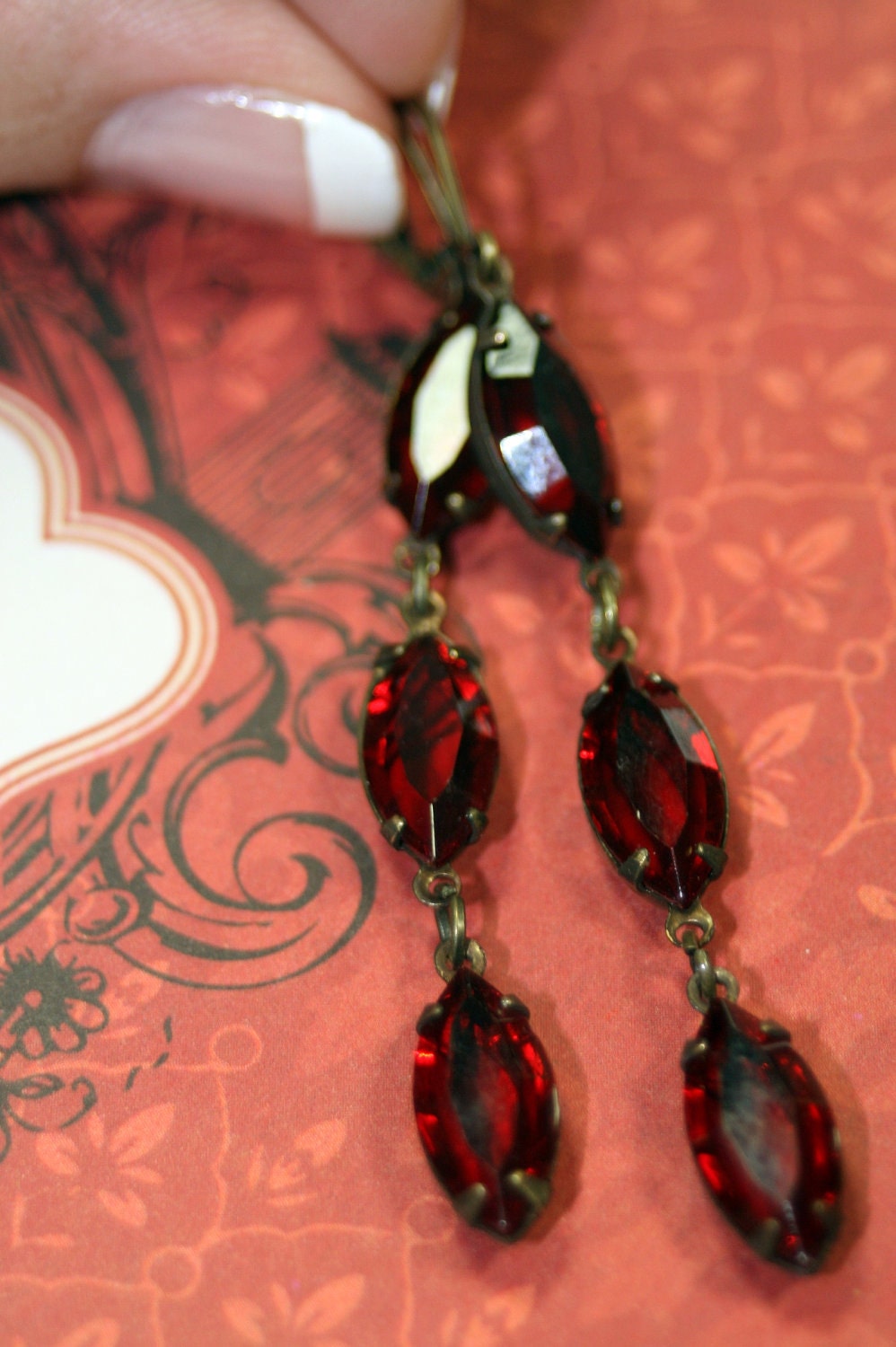 A Little Sip Vintage Swarovski Crystal Earrings Long Dangle Blood Red Rhinestones Sparkling Light Dancing