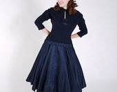 Vintage 1950s Dress - Dramatic Wool and Taffeta Drop Waist New Look Fit and Flare Dress